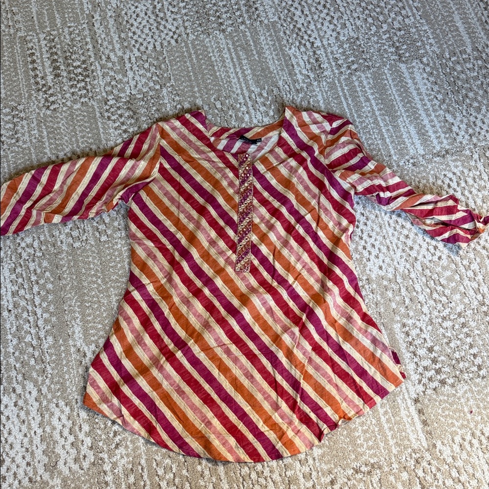 Striped Three-Quarter Sleeve Tunic in Pink and Orange